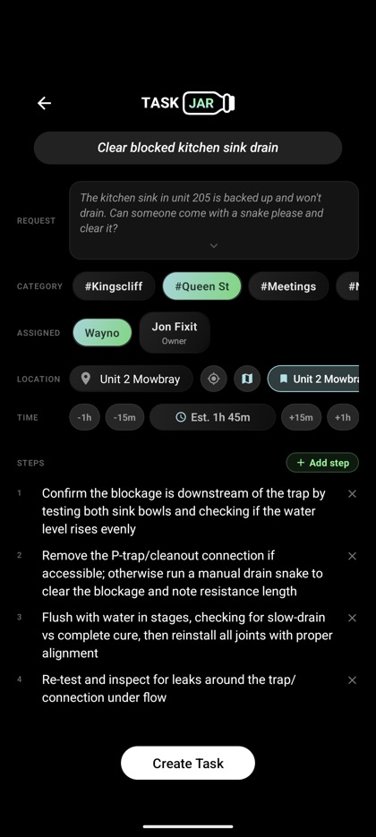 A task drafted from a request, with steps and a time estimate