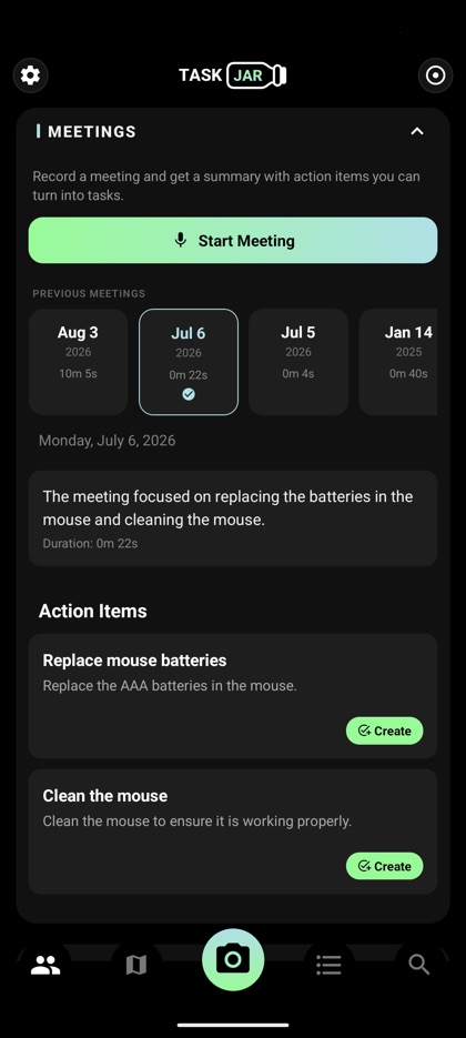 Meetings panel with a recorded meeting and summary