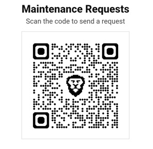 The scannable part of a maintenance request poster: the heading Maintenance Requests, Scan the code to send a request, and a QR code