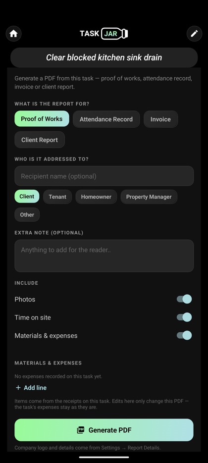 Report generator with proof of works, invoice and client report options