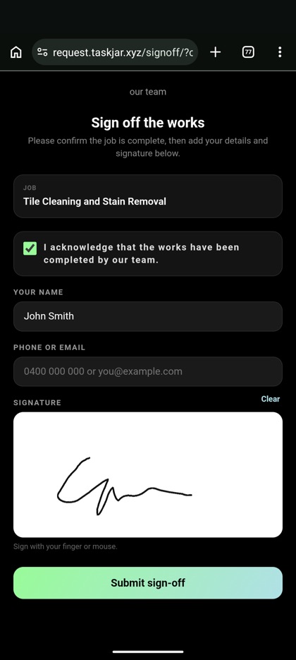 Client signing off the works in a browser, with a signature drawn